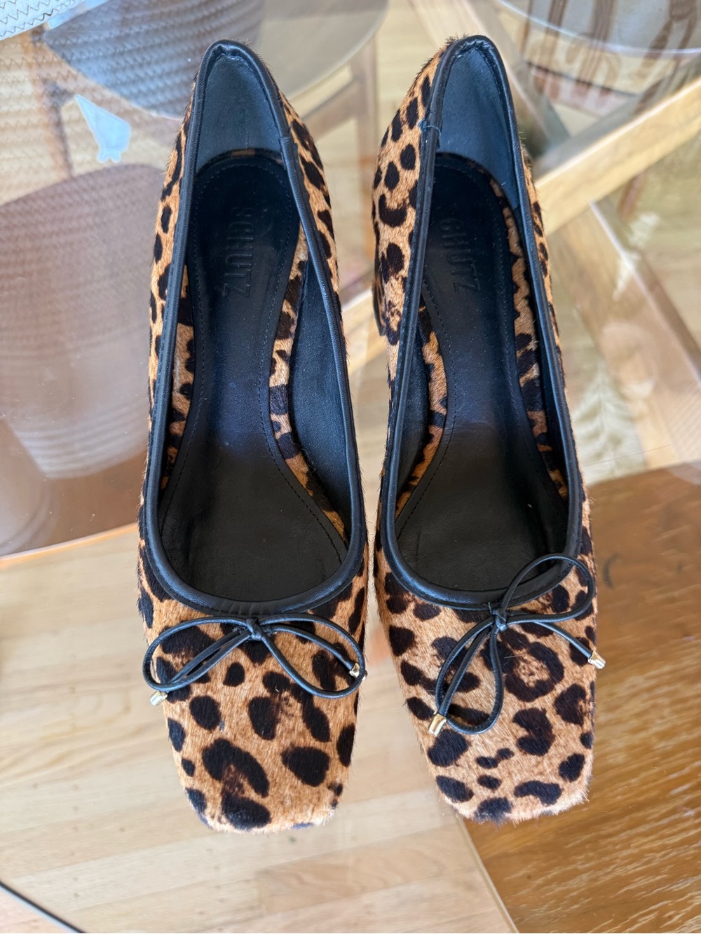 SCHUTZ Leopard Print Square-Toe Ballet Flats with Bow